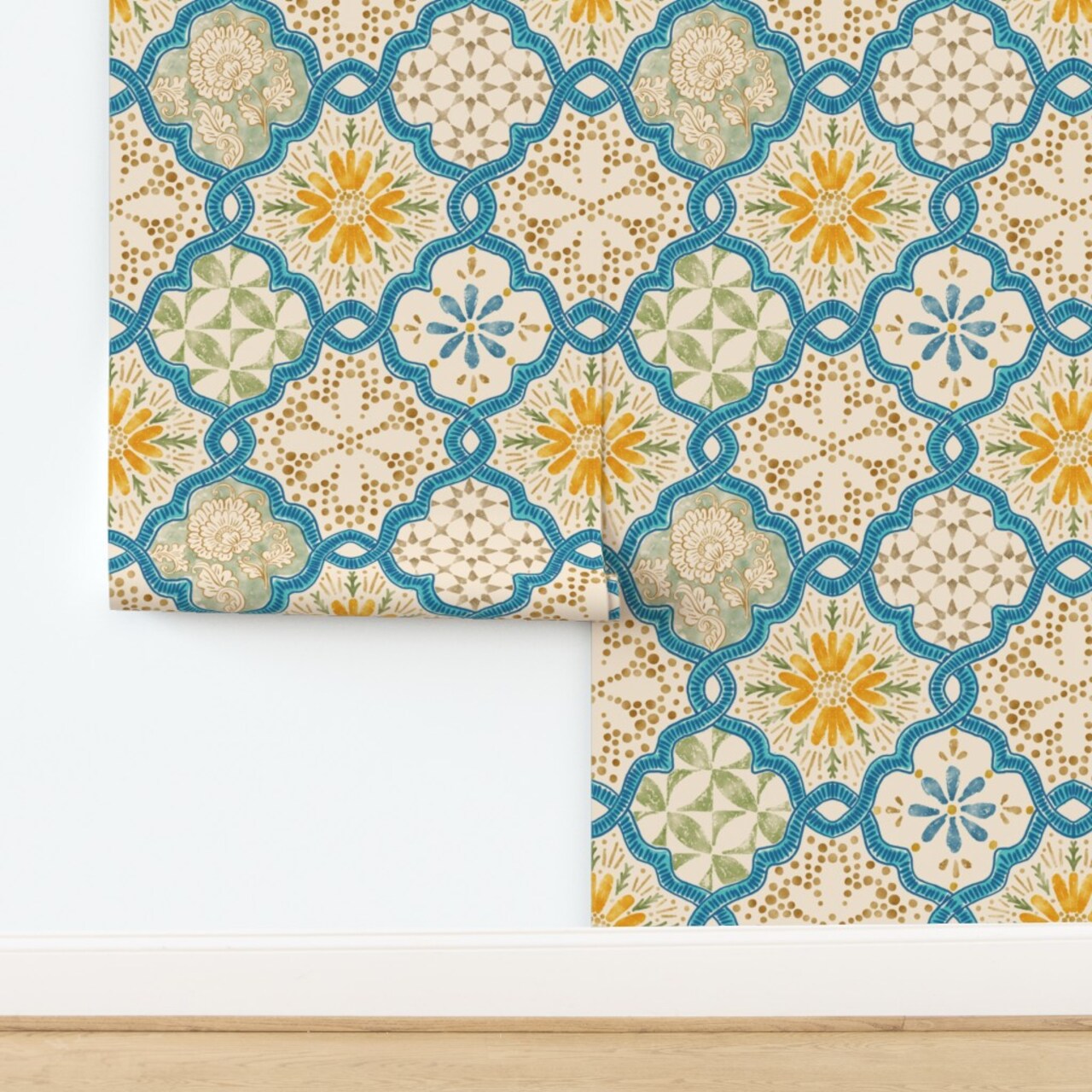 Geometric Tile Blue Green Floral Hand Drawn Watercolor Tropical Summer Coastal Custom Pre-pasted Wallpaper by Spoonflower Pre-Pasted Wallpaper 2FT Wide